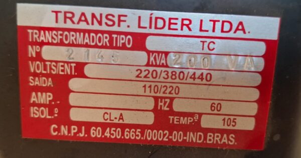 Transformador de Comando Líder TC 200VA Entrada 220/380/440V Saída 110/220V​ - Image 6