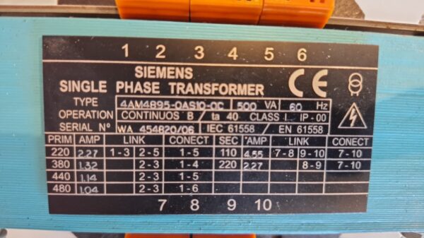 Transformador de Comando Siemens 4AM4895-0AS10-0C 500VA Entrada 220–480V Saída 110–220V Usado - Image 3